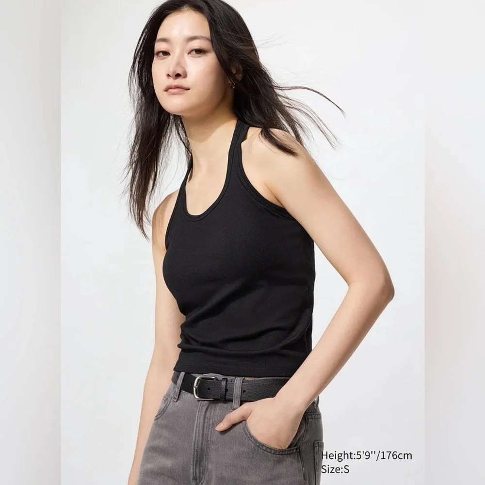 Uniqlo Black Ribbed Open Back Halter Top, Large - Picture 2 of 7